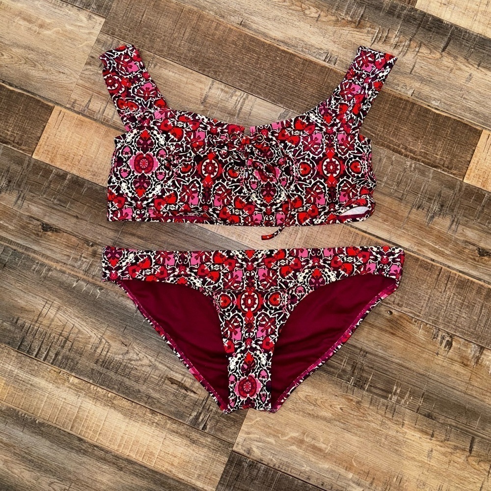 Billabong Red Pink Del Rey Micro Floral Lace Up Off the Shoulder Bikini Set M/L